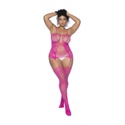 Visnet Bodystocking met Halslijnen en Bandjes - Koning Maat - Roze