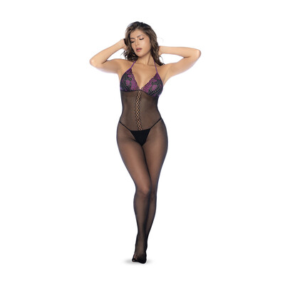 Visnet en Kant Bodystocking Set - Één Maat - Zwart/Paarse