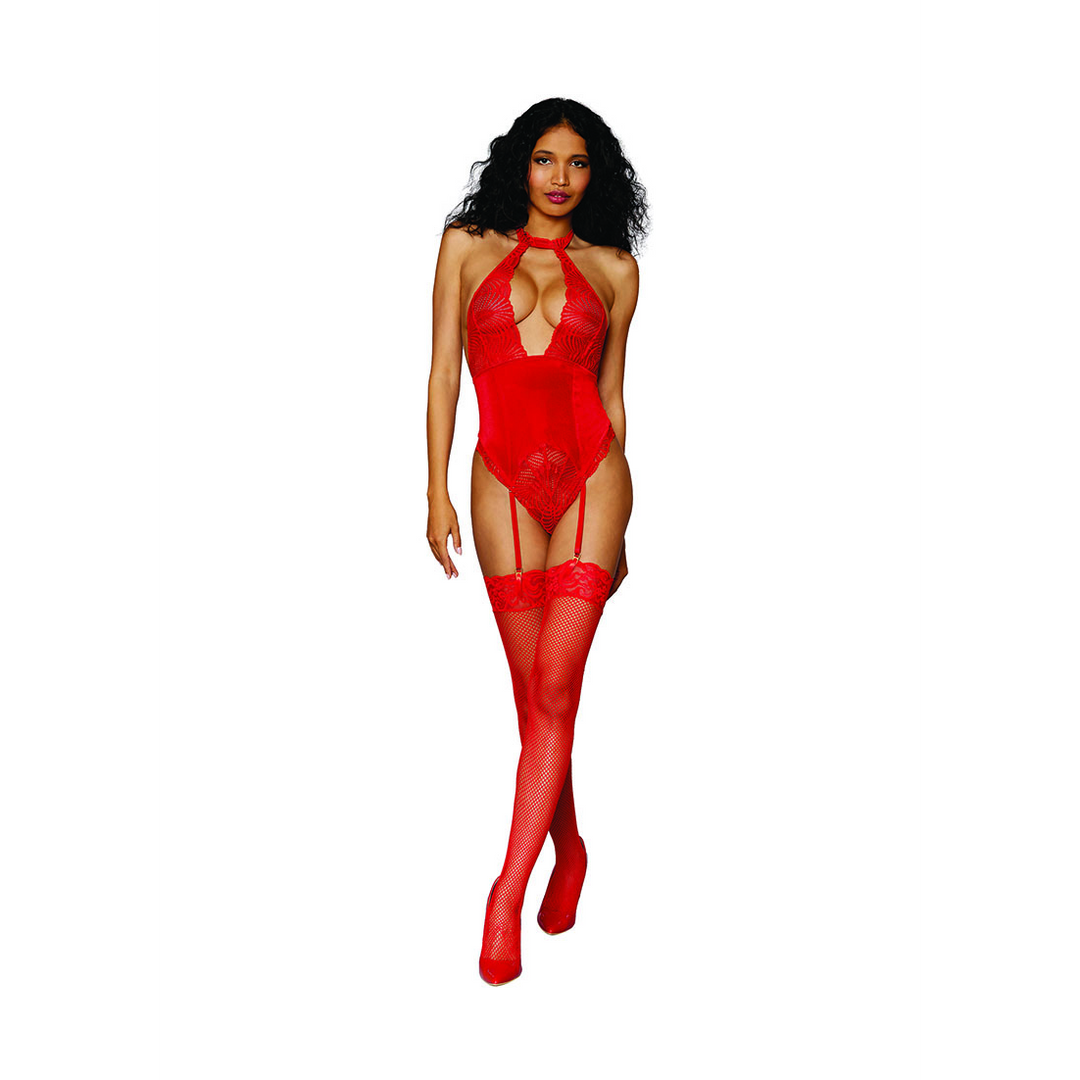 Dames Stretch Kant en Stretch Fluweel Garter Teddy – Één maat – Rood