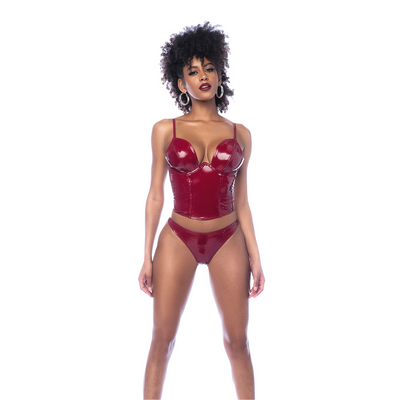 Twee Delige Bustier Set - L - Glanzend Wijnrood