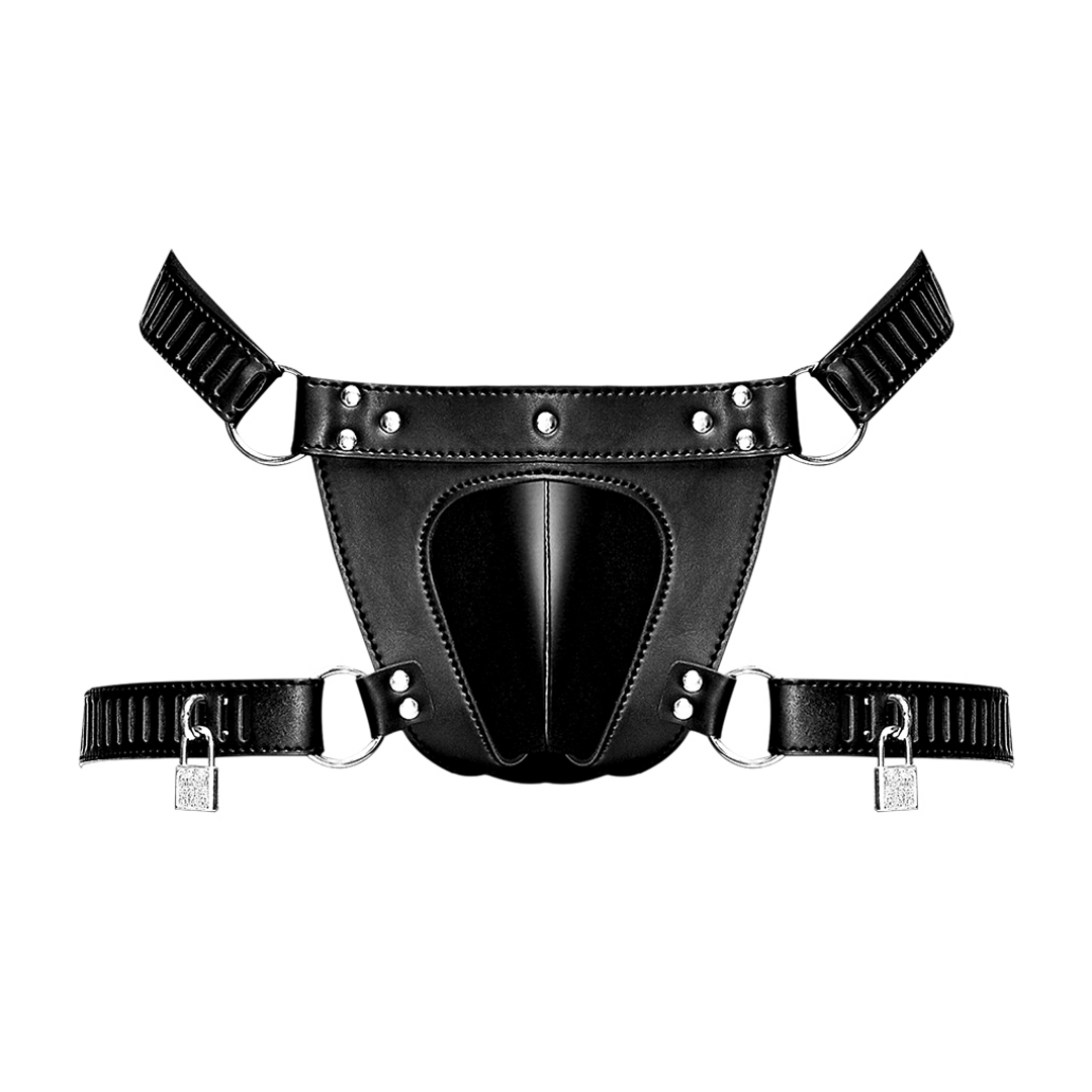Scorpio – Imitatieleren Chastity Thong – One Size – Zwart