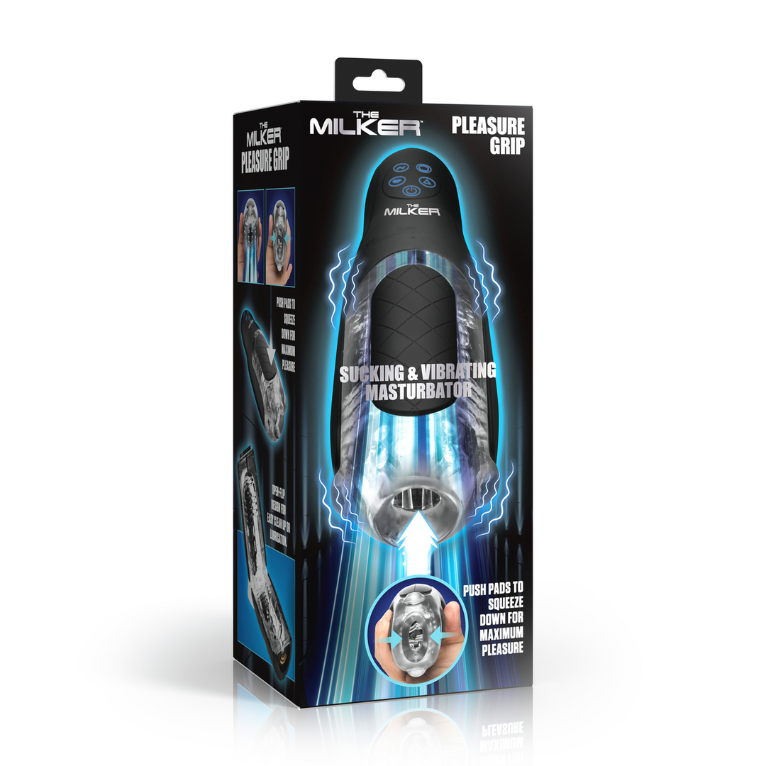 De Milker Pleasure Grip – Zuig- en Vibrerende Masturbator – Transparant/Zwart