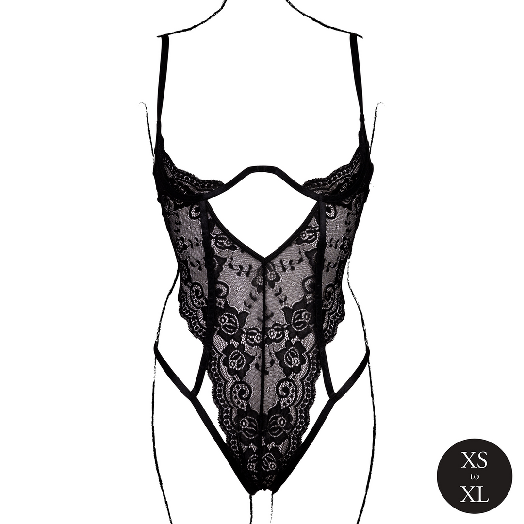 Body met open cups van kant, beugel en verstelbare schuivers – Zwart