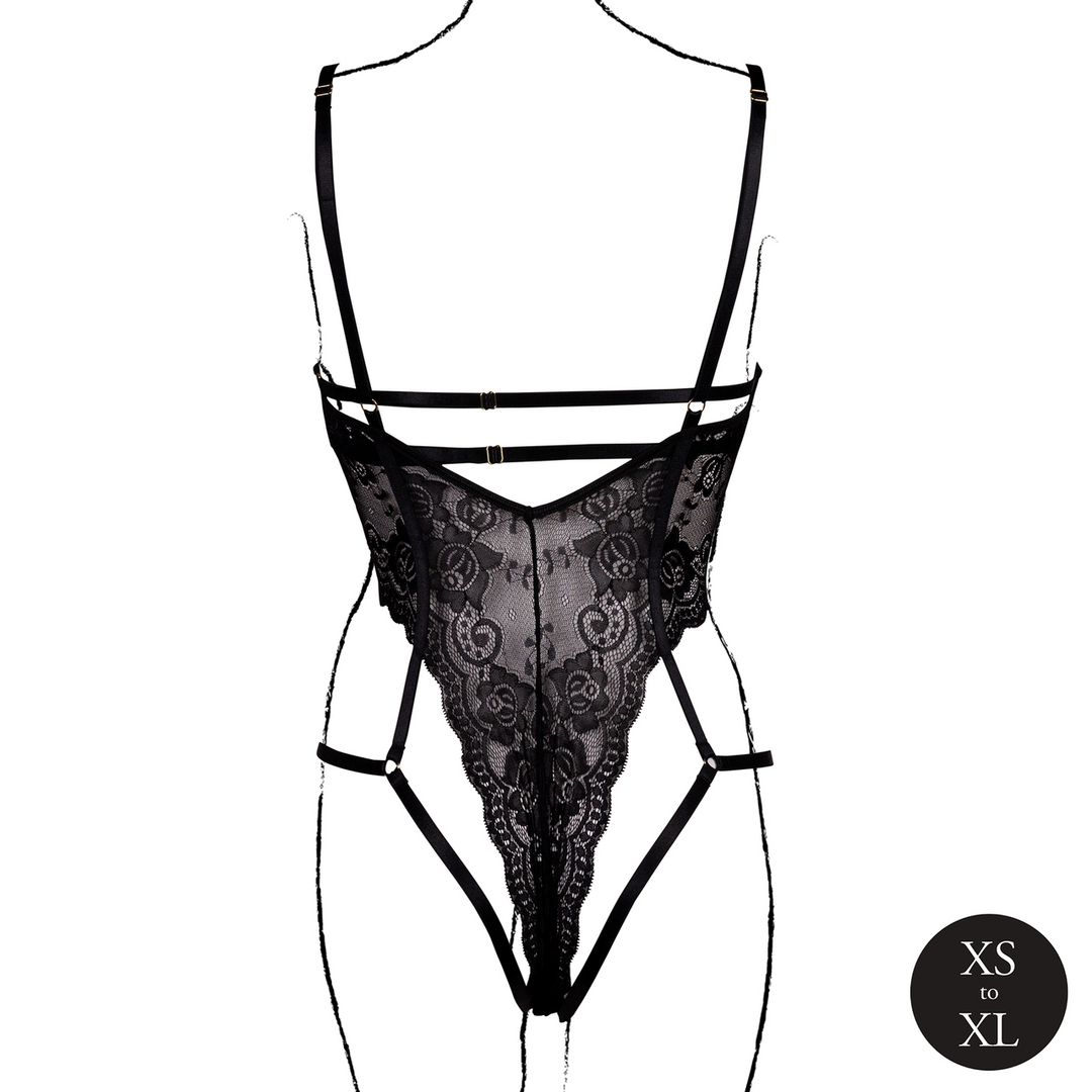 Body met open cups van kant, beugel en verstelbare schuivers – Zwart