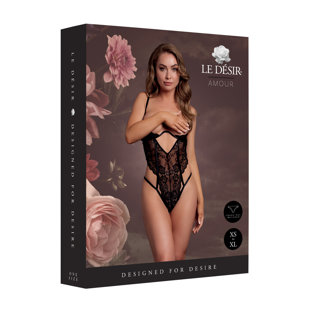 Body met open cups van kant, beugel en verstelbare schuivers – Zwart