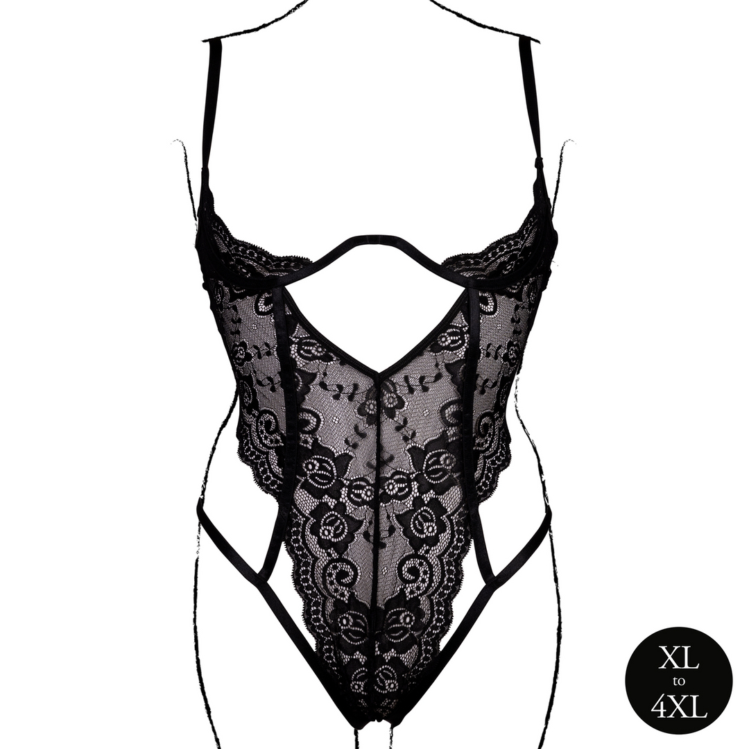 Body met open cups van kant, beugel en verstelbare schuivers – Zwart