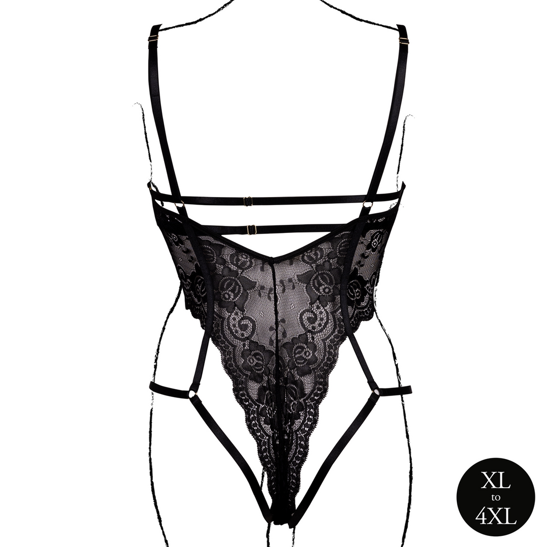 Body met open cups van kant, beugel en verstelbare schuivers – Zwart