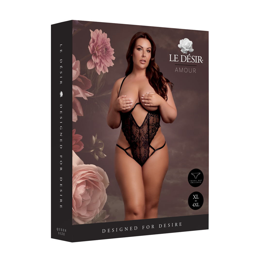 Body met open cups van kant, beugel en verstelbare schuivers – Zwart