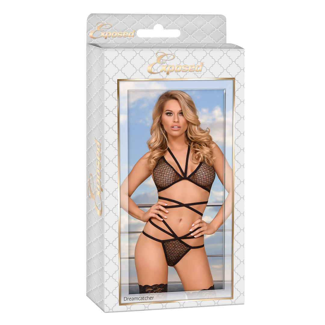 Strappy Bra and Thong Set – Black – 2X