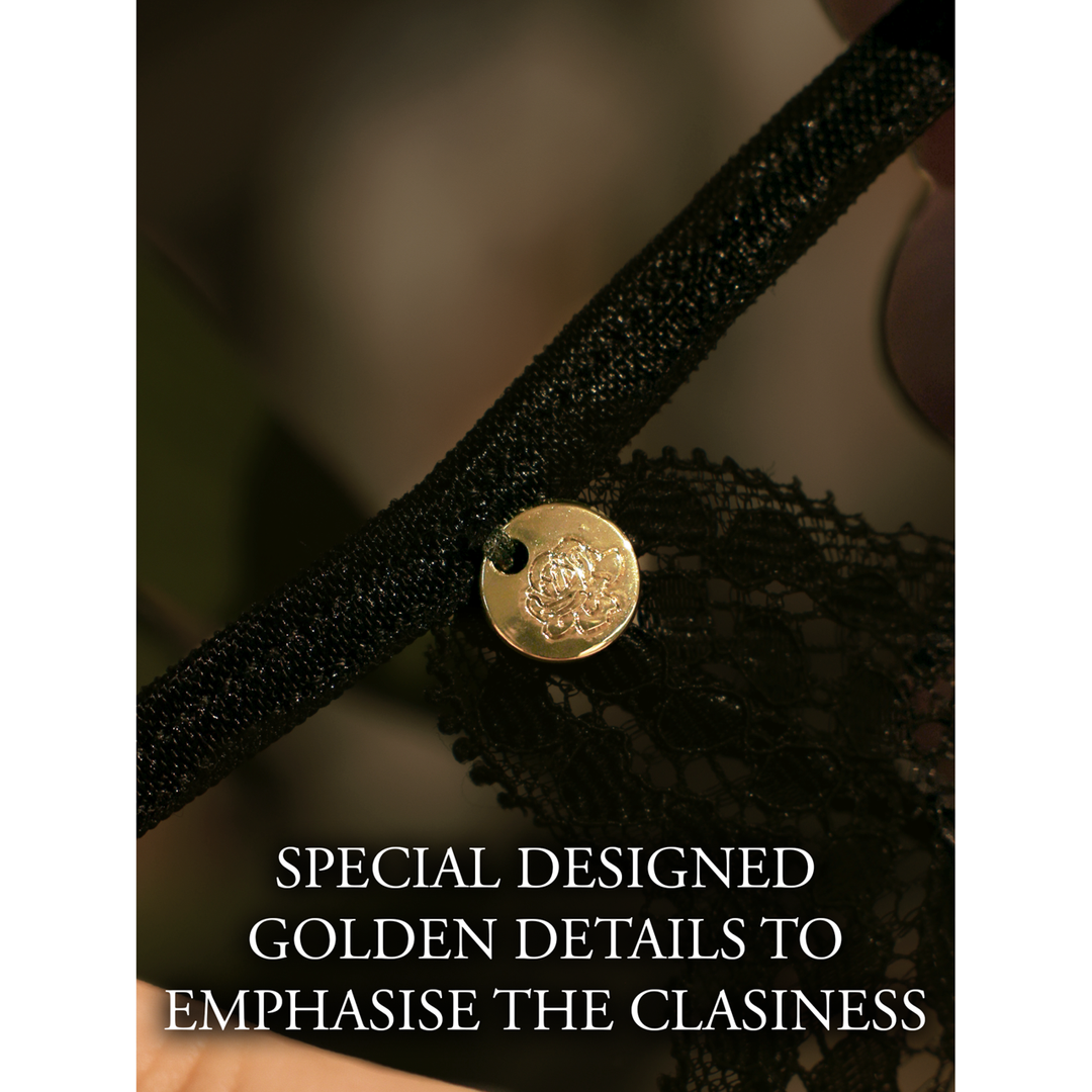 Claire - Elastic Lace Brief with Golden Details - Queen Size - Black
