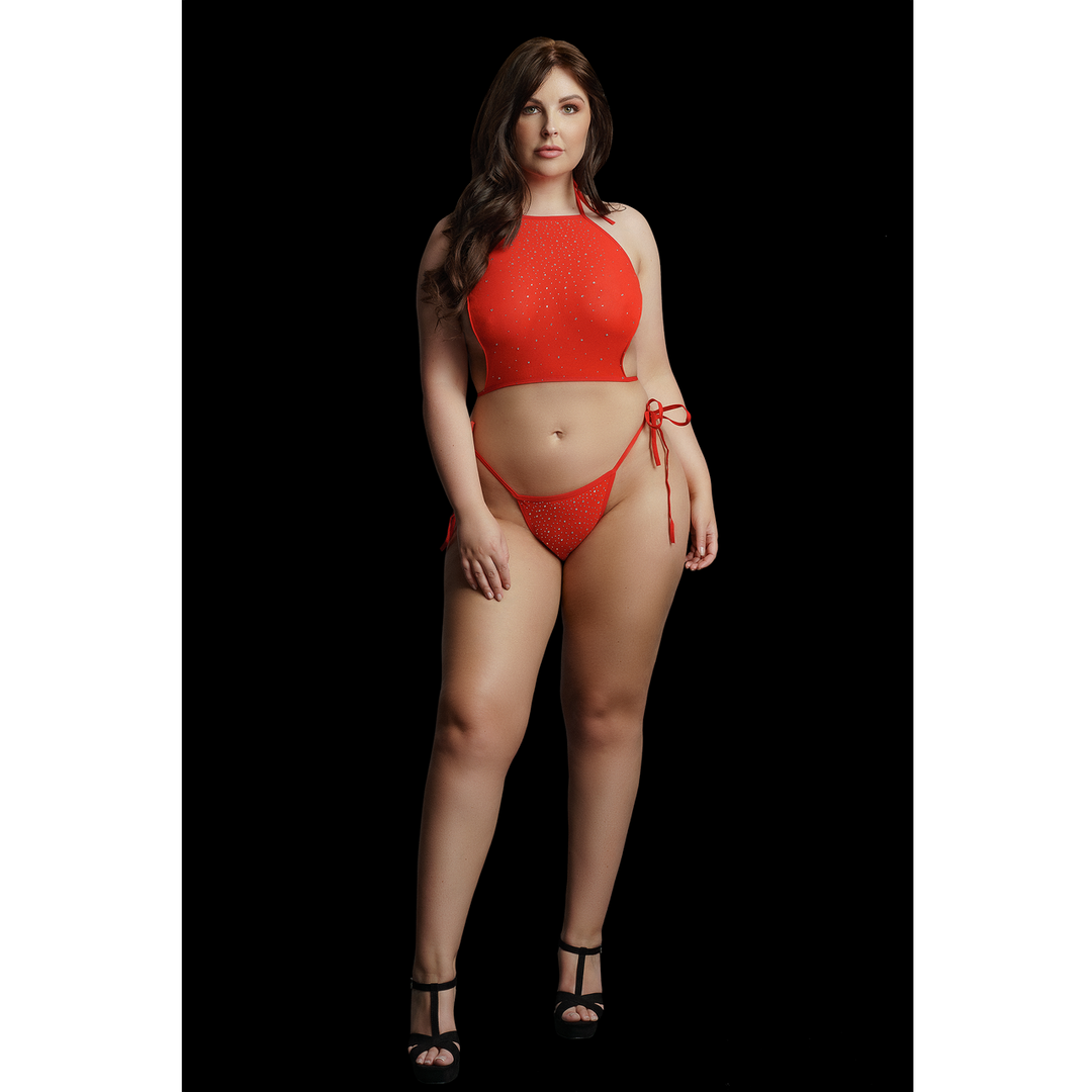 Festive Rhinestone Top and Thong - Queen Size - Red