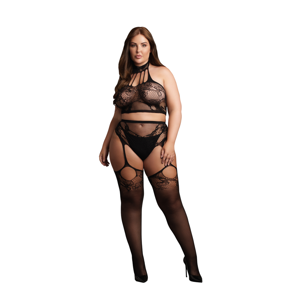 Twee Delige Set met Halter Turtleneck en Pantie met Aangehechte Kousen – OSX – Zwart