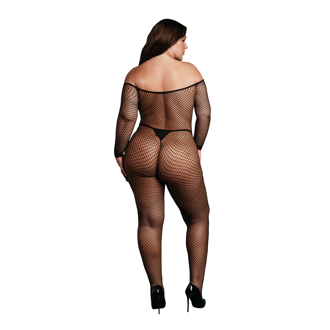 Bodystocking OffShoulder Neck - Fishnet/Open - Queen Size - Black