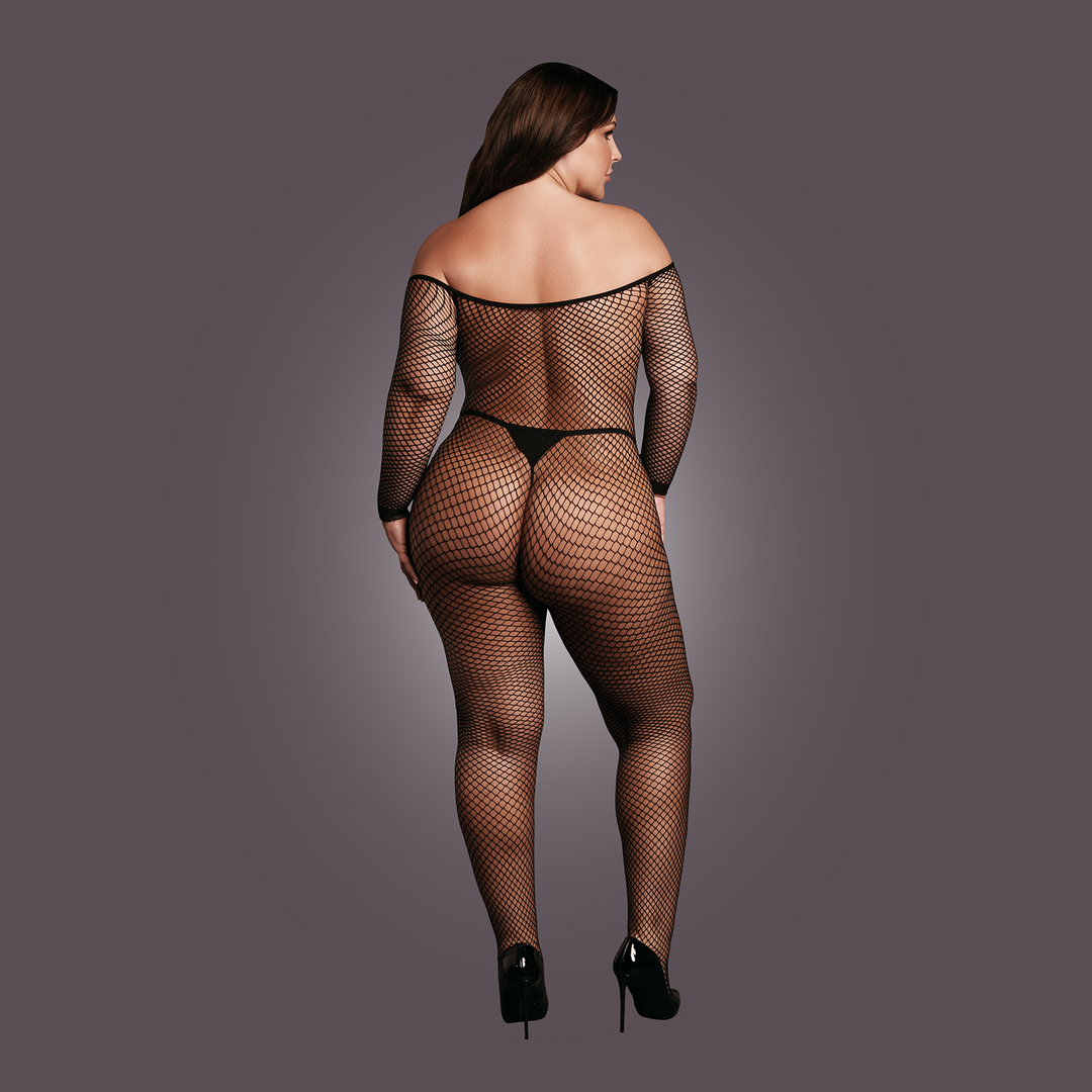 Bodystocking OffShoulder Neck - Fishnet/Open - Queen Size - Black