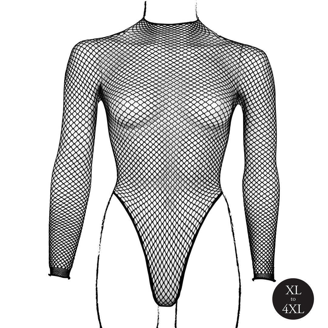 Body with Fishnet Structure and Turtle Neck - Queen Size - Black