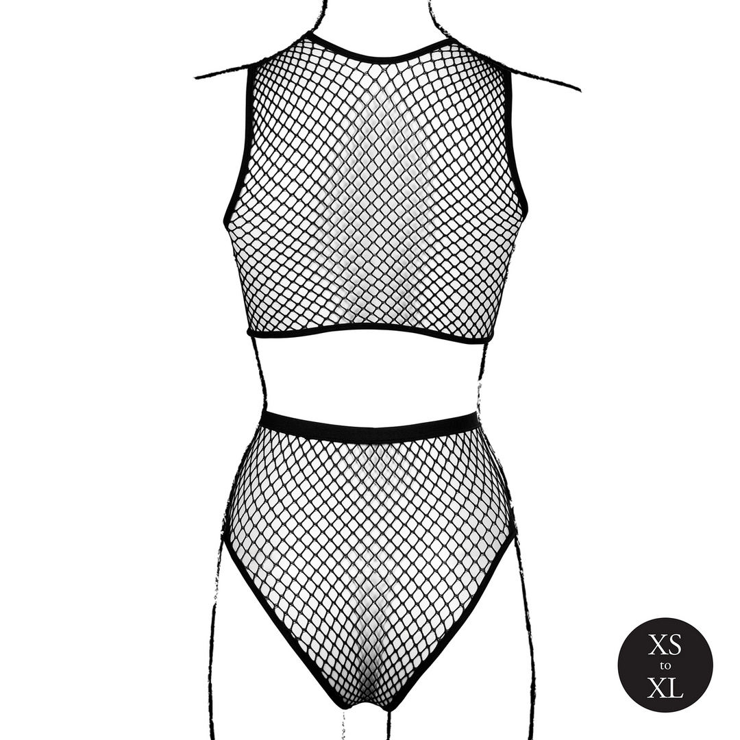 2 gab. Crop Top - Biksītes un tīkliņa struktūra - Viens izmērs - Melna