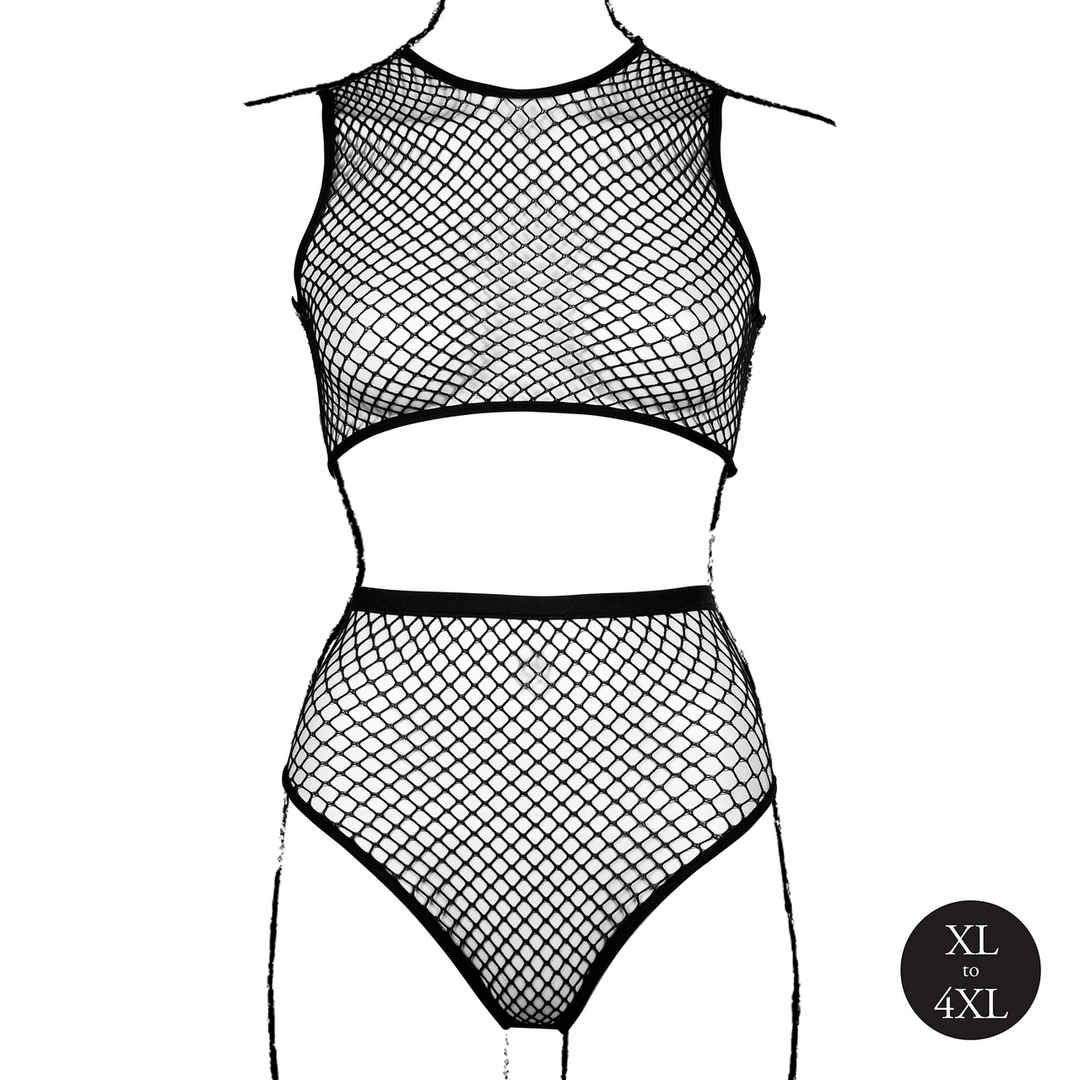 2 gab. Crop Top - Biksītes un tīkliņa struktūra - Lielais izmērs - Melna