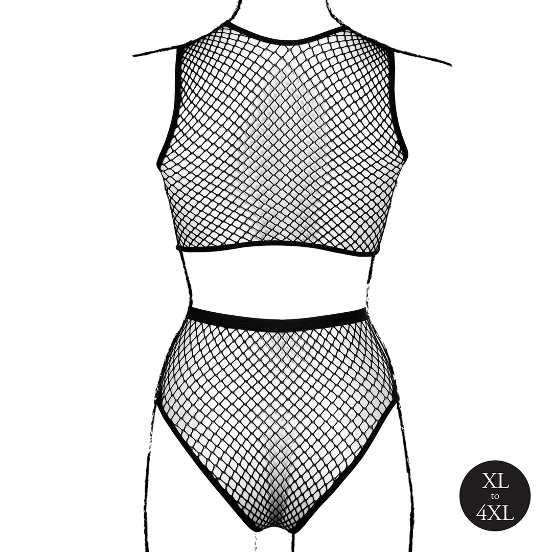 2 gab. Crop Top - Biksītes un tīkliņa struktūra - Lielais izmērs - Melna