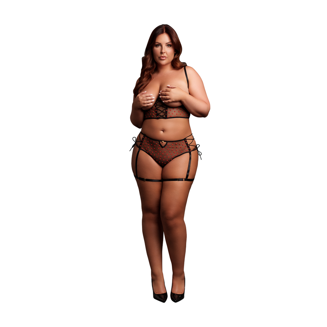 Twee delige set met onderwired open-cup bh en panty met gespen – Plus Size – Zwart
