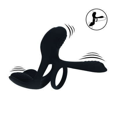 Drievoudige Motor Vibrerende Siliconen Cockring - Zwart