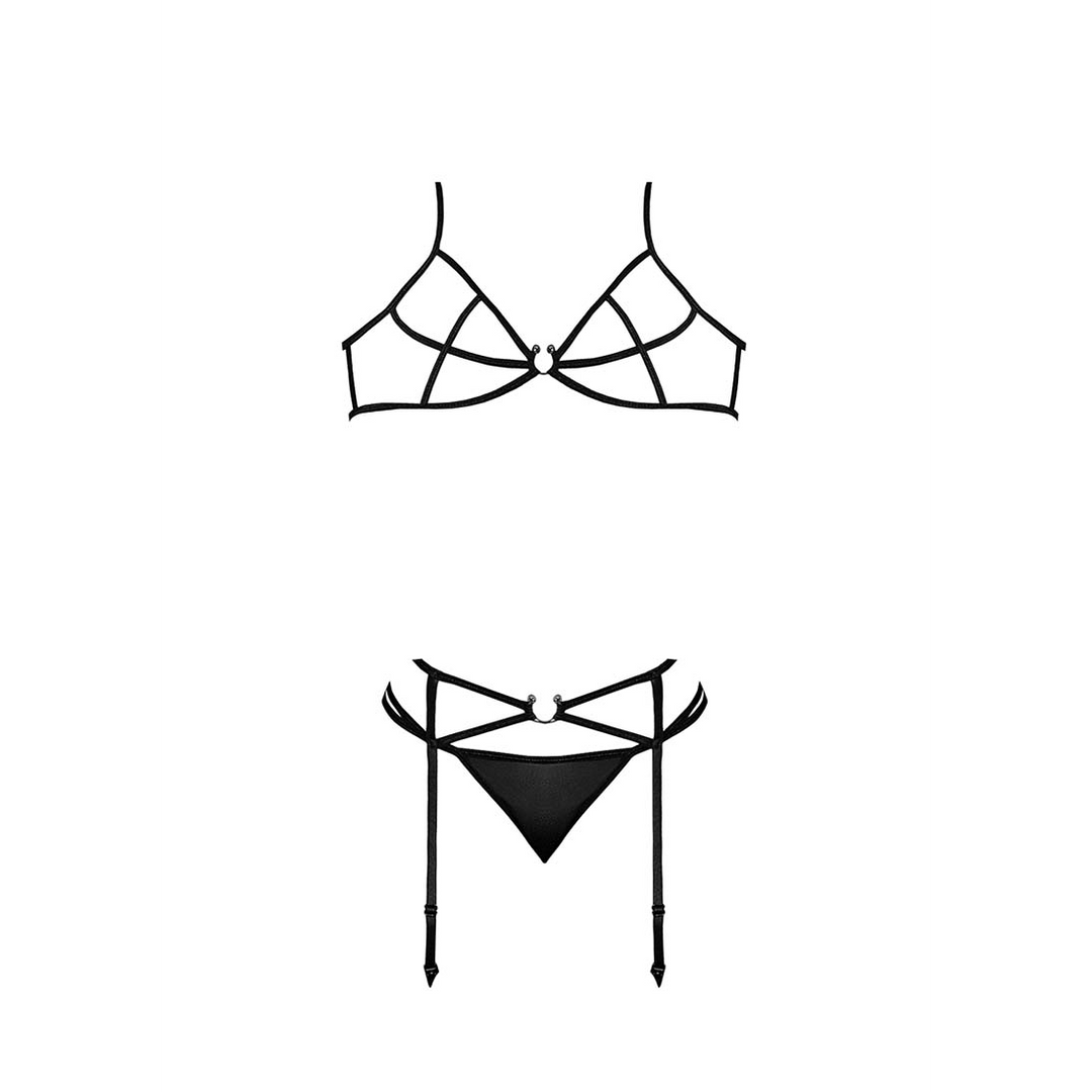 Bra, Garter and G-String Set with Rings and Straps – L/XL