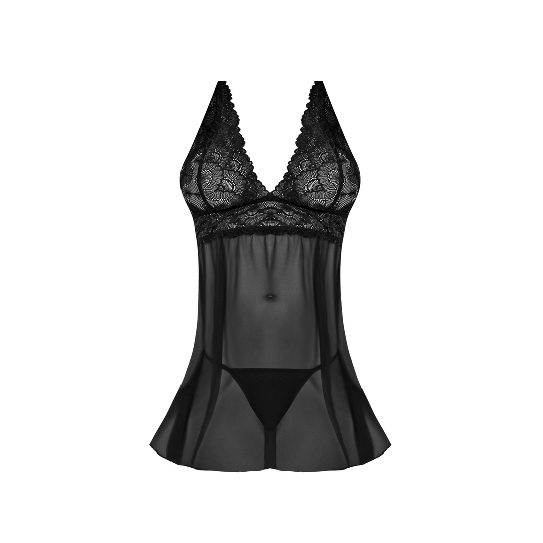 Babydoll met Open Rug en G-String Set – 2X – Zwart