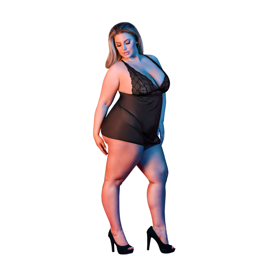 Babydoll met Open Rug en G-String Set – 2X – Zwart