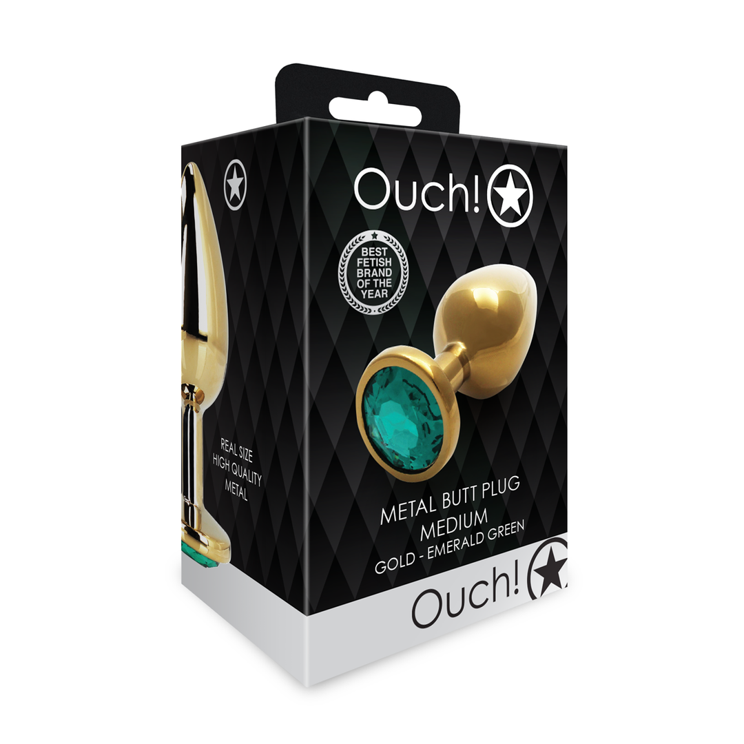 Ronde Gem Buttplug – Medium – Goud/Emerald Groen