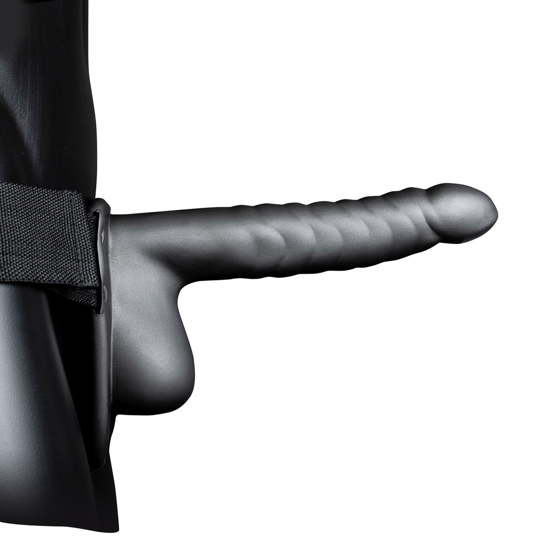 Geribbelde Hollow Strap-On met Ballen – 8 / 21 cm – Gunmetal