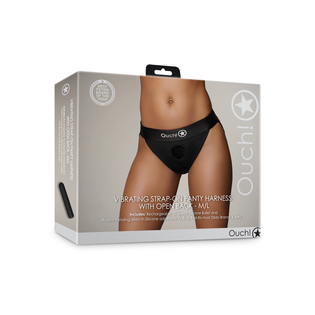 Vibrerende Strap-on Panty Harnas met Open Rug – M/L – Zwart