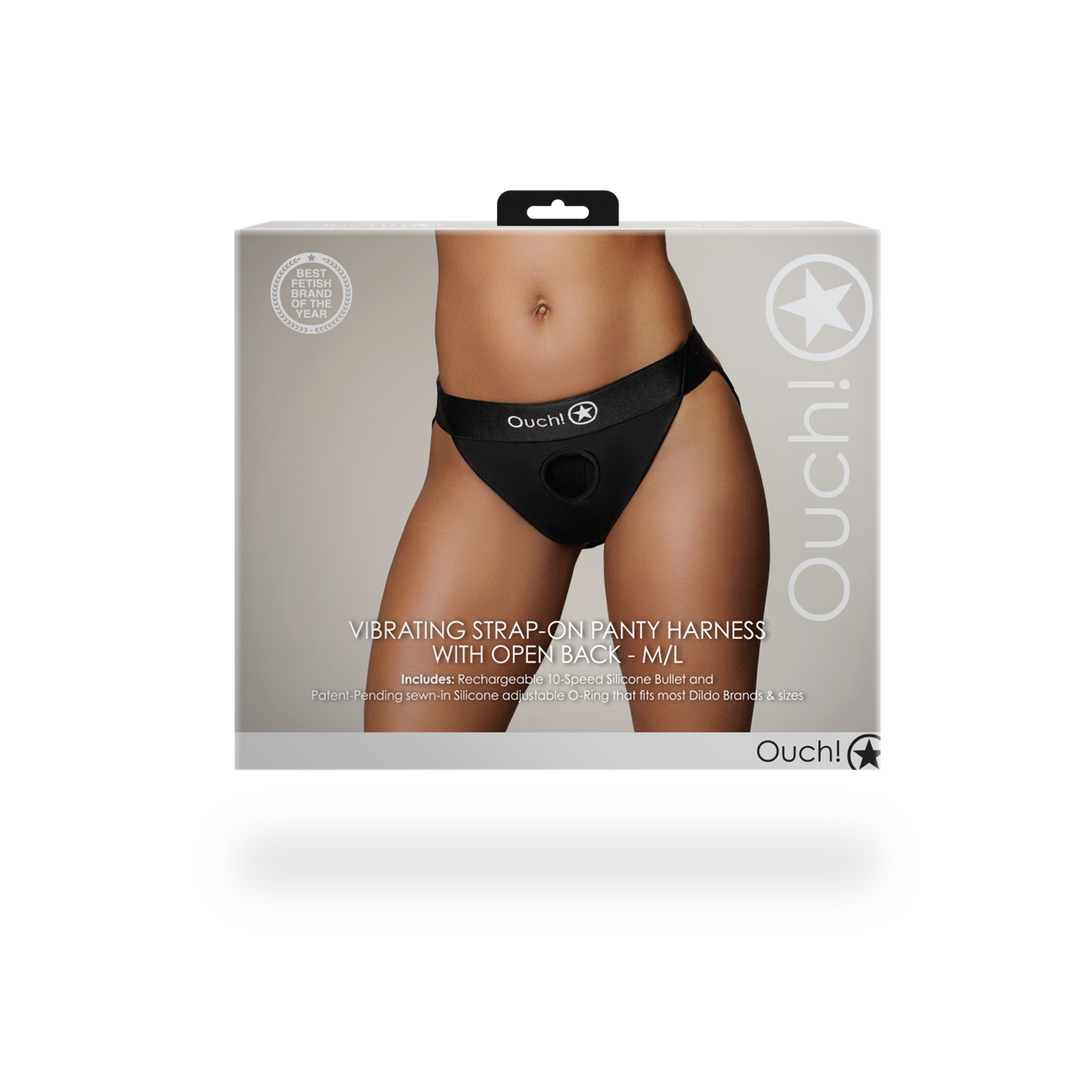 Vibrerende Strap-on Panty Harnas met Open Rug – M/L – Zwart