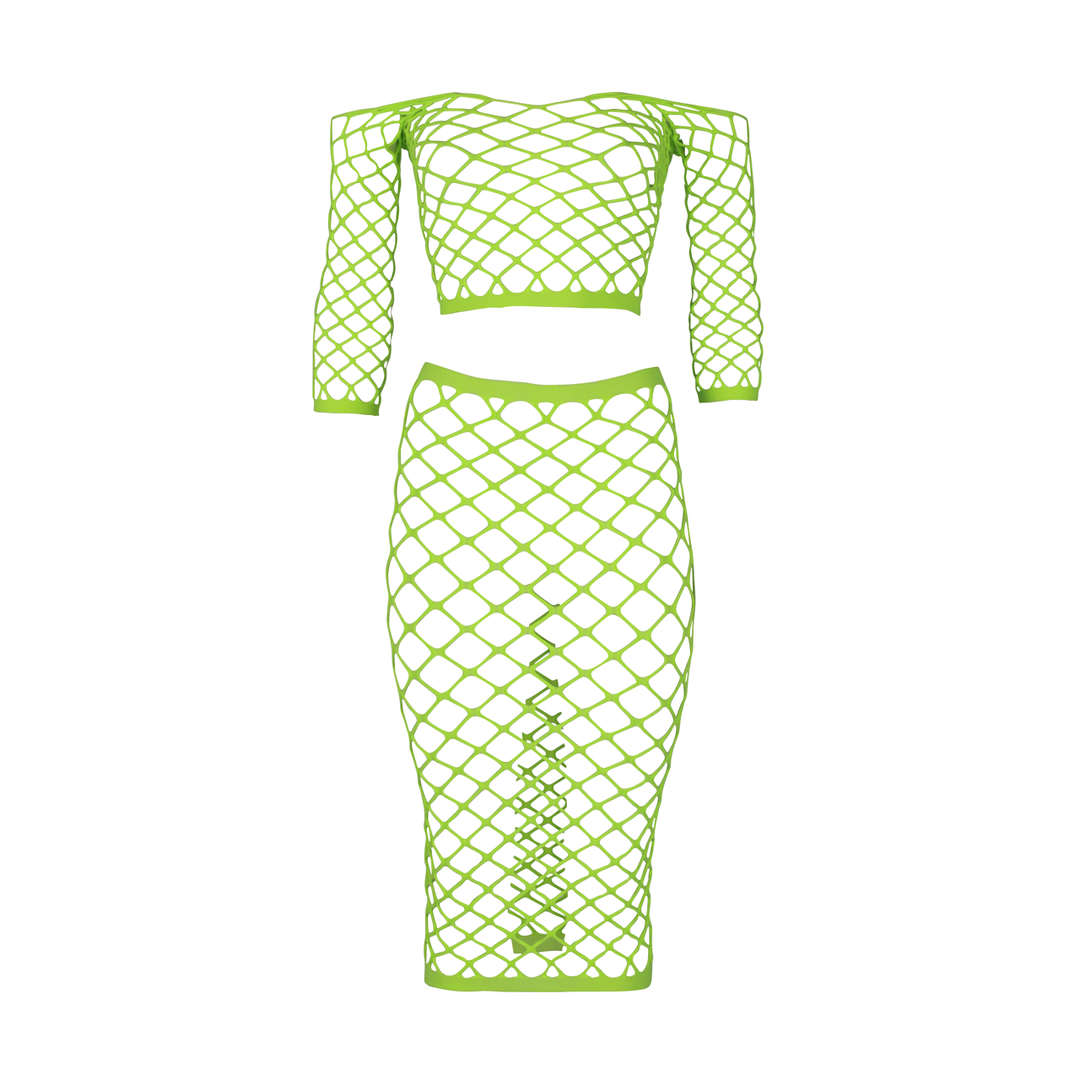 Langsleeve Crop Top en Lange Rok – One Size – Neon Groen