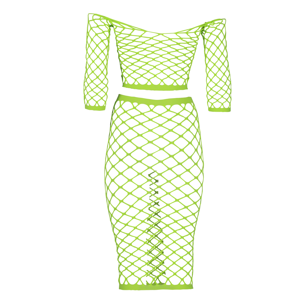 Langsleeve Crop Top en Lange Rok – One Size – Neon Groen