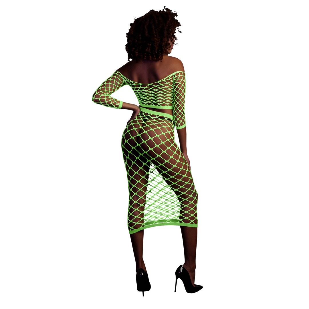 Langsleeve Crop Top en Lange Rok – One Size – Neon Groen