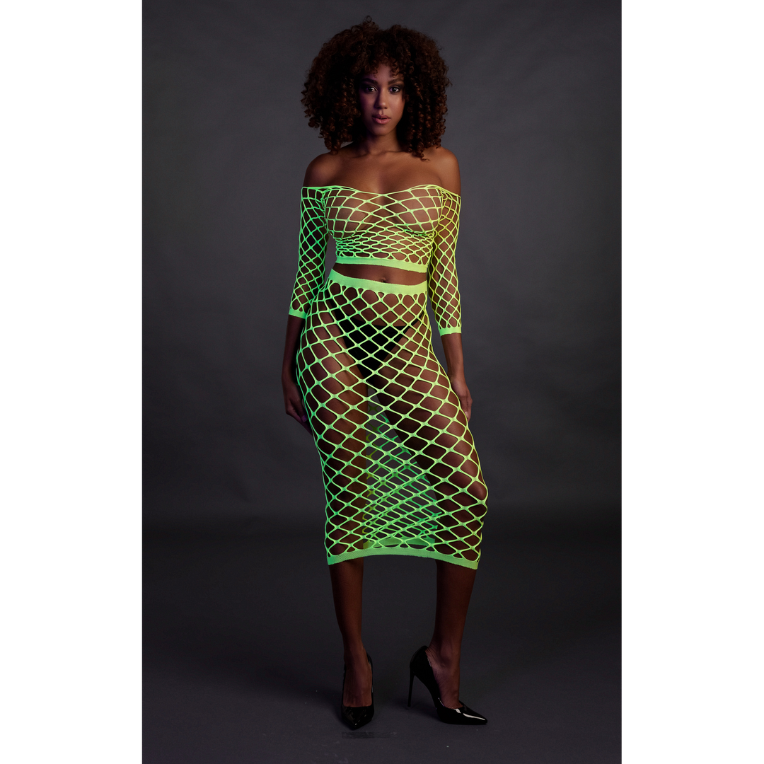 Langsleeve Crop Top en Lange Rok – One Size – Neon Groen