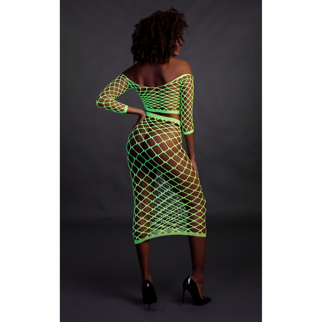Langsleeve Crop Top en Lange Rok – One Size – Neon Groen