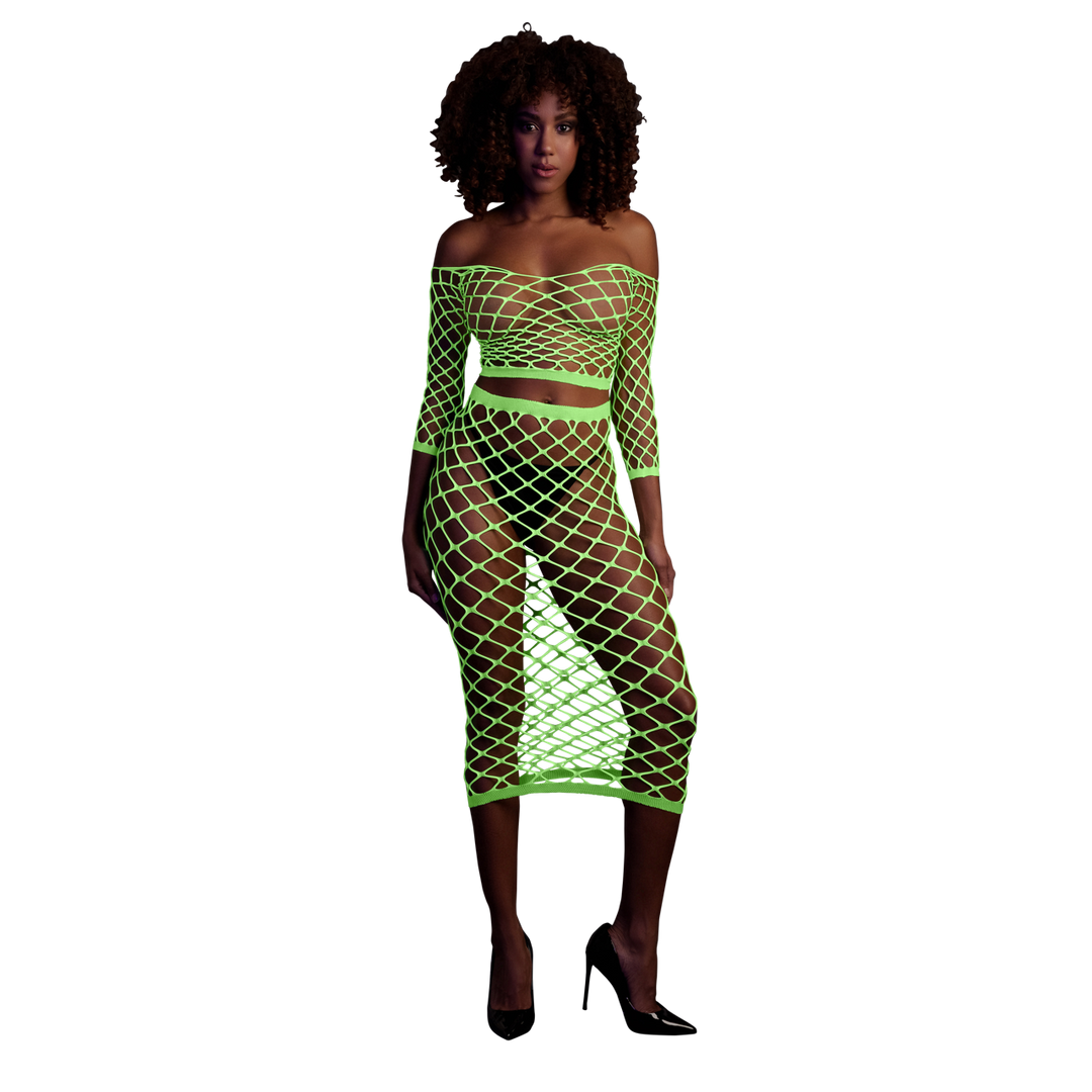 Langsleeve Crop Top en Lange Rok – One Size – Neon Groen