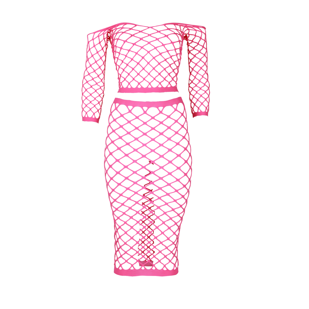 Langarm Crop Top en Lange Rok – One Size – Neon Roze
