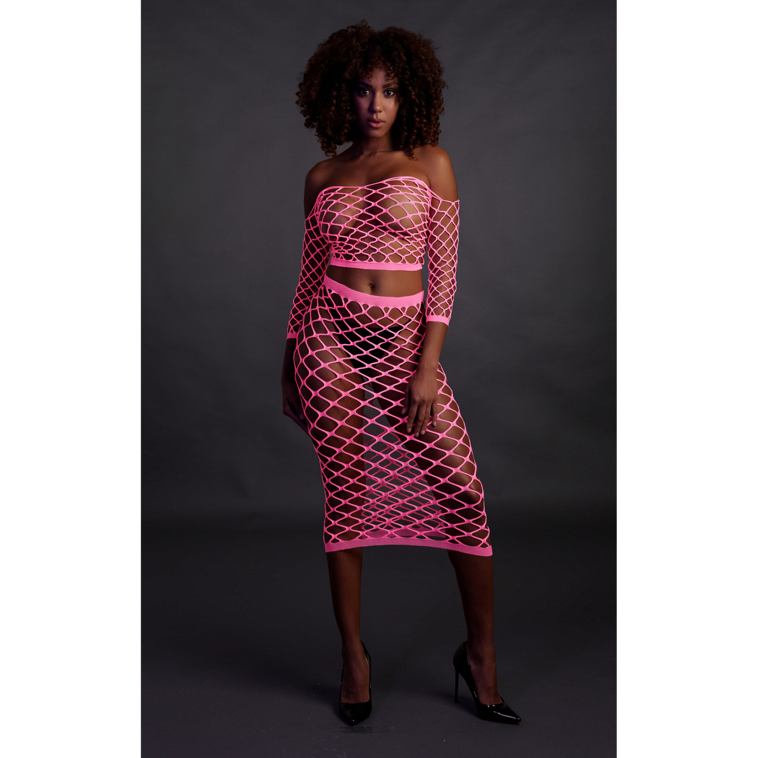 Langarm Crop Top en Lange Rok – One Size – Neon Roze