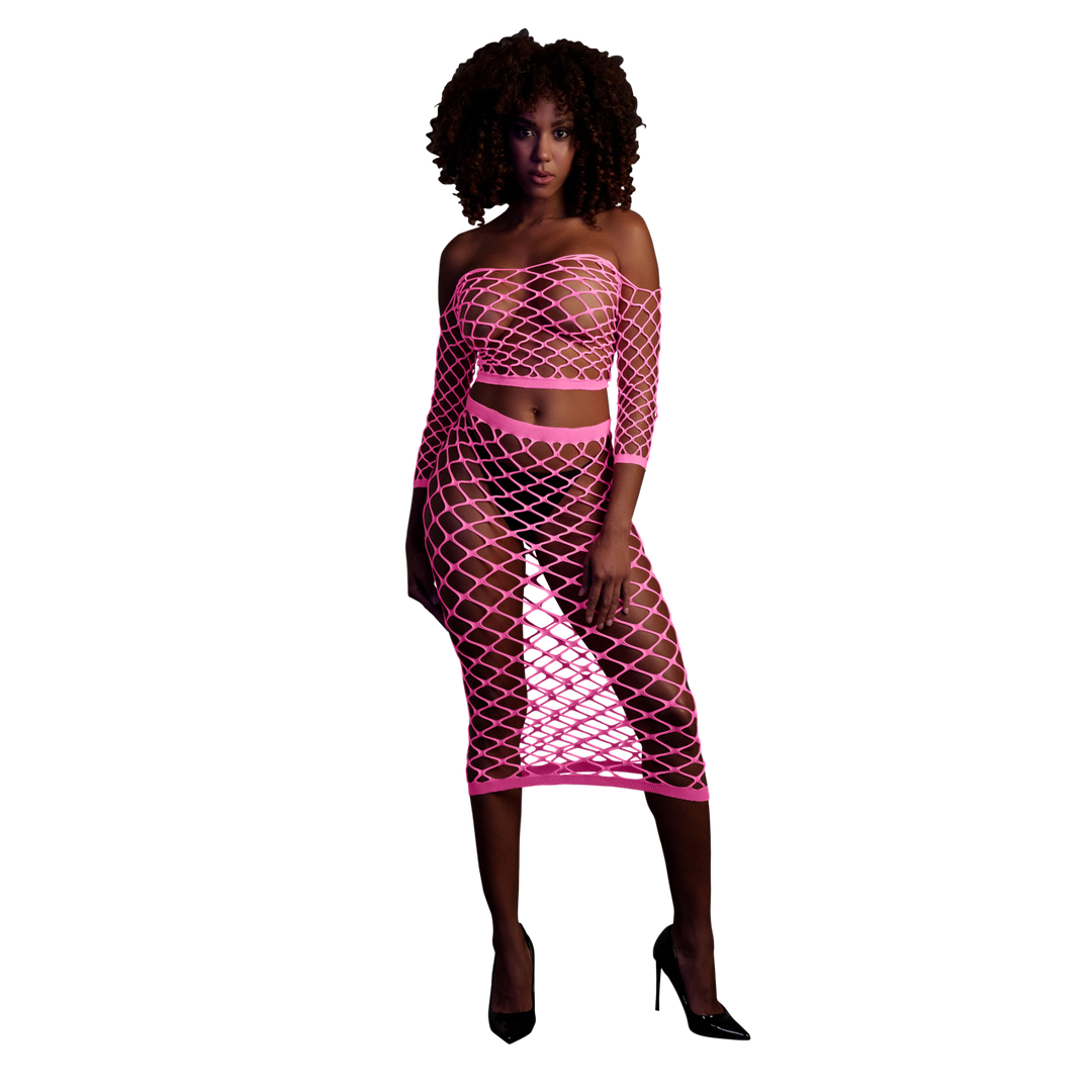 Langarm Crop Top en Lange Rok – One Size – Neon Roze