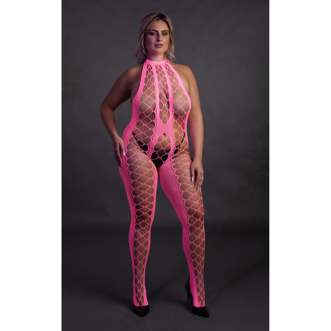 Bodystocking met Halterneck – Plus Size – Neon Roze