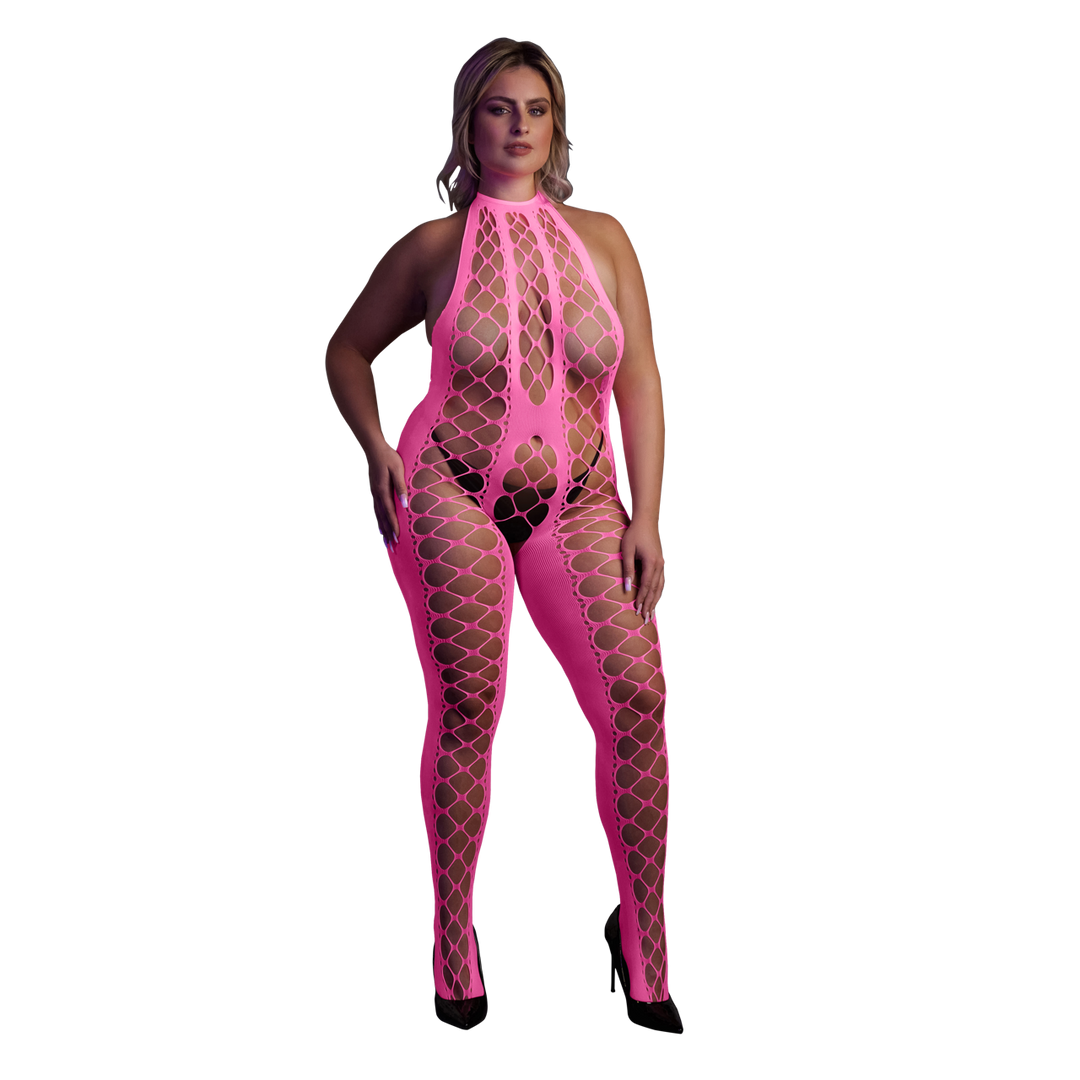 Bodystocking met Halterneck – Plus Size – Neon Roze