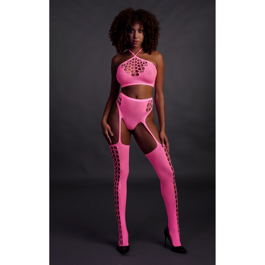 Twee-delige set met crop top en kousen – Één maat – Neonroze