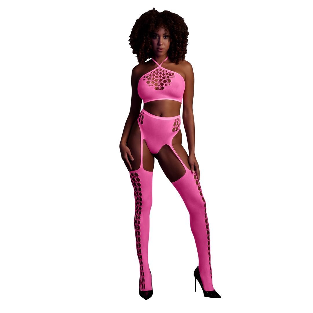 Twee-delige set met crop top en kousen – Één maat – Neonroze