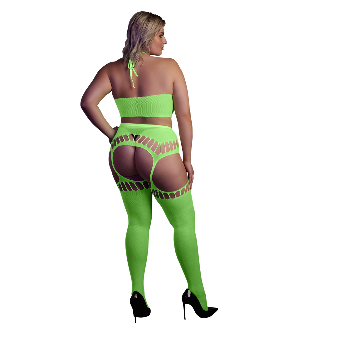 Twee Delige Set met Crop Top en Kousen – Plus Size – Neon Groen