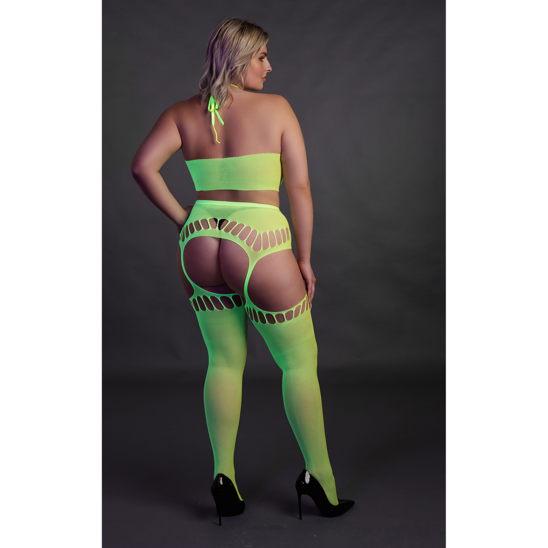 Twee Delige Set met Crop Top en Kousen – Plus Size – Neon Groen