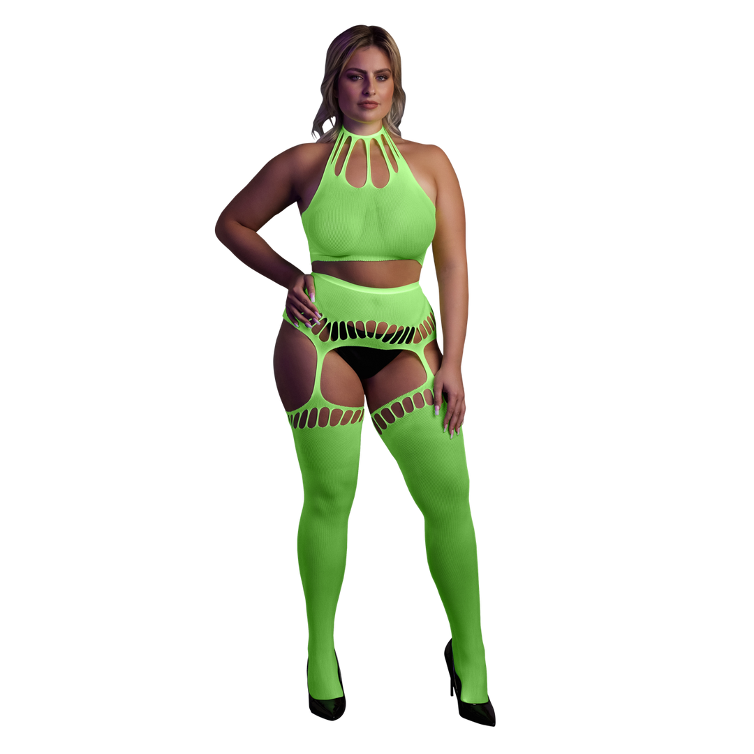Twee Delige Set met Crop Top en Kousen – Plus Size – Neon Groen