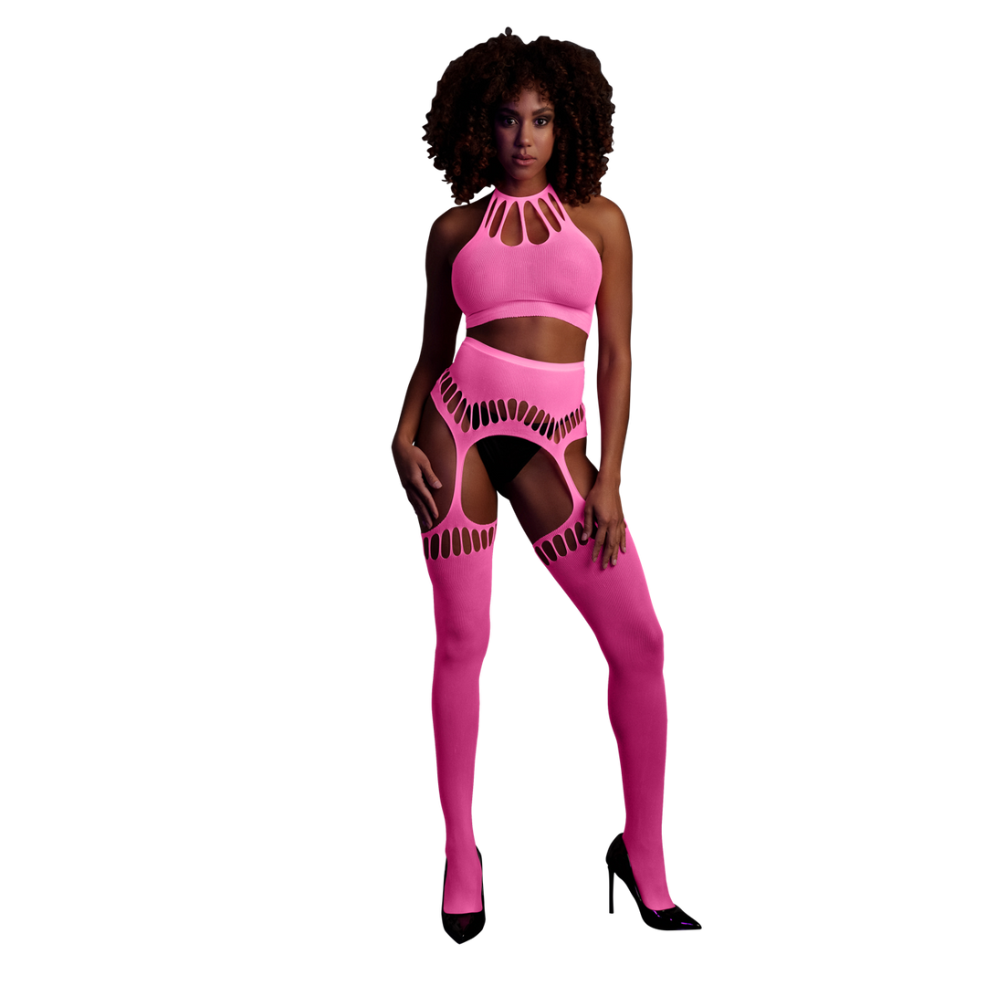 Twee Delige Set met Crop Top en Kousen – One Size – Neon Roze