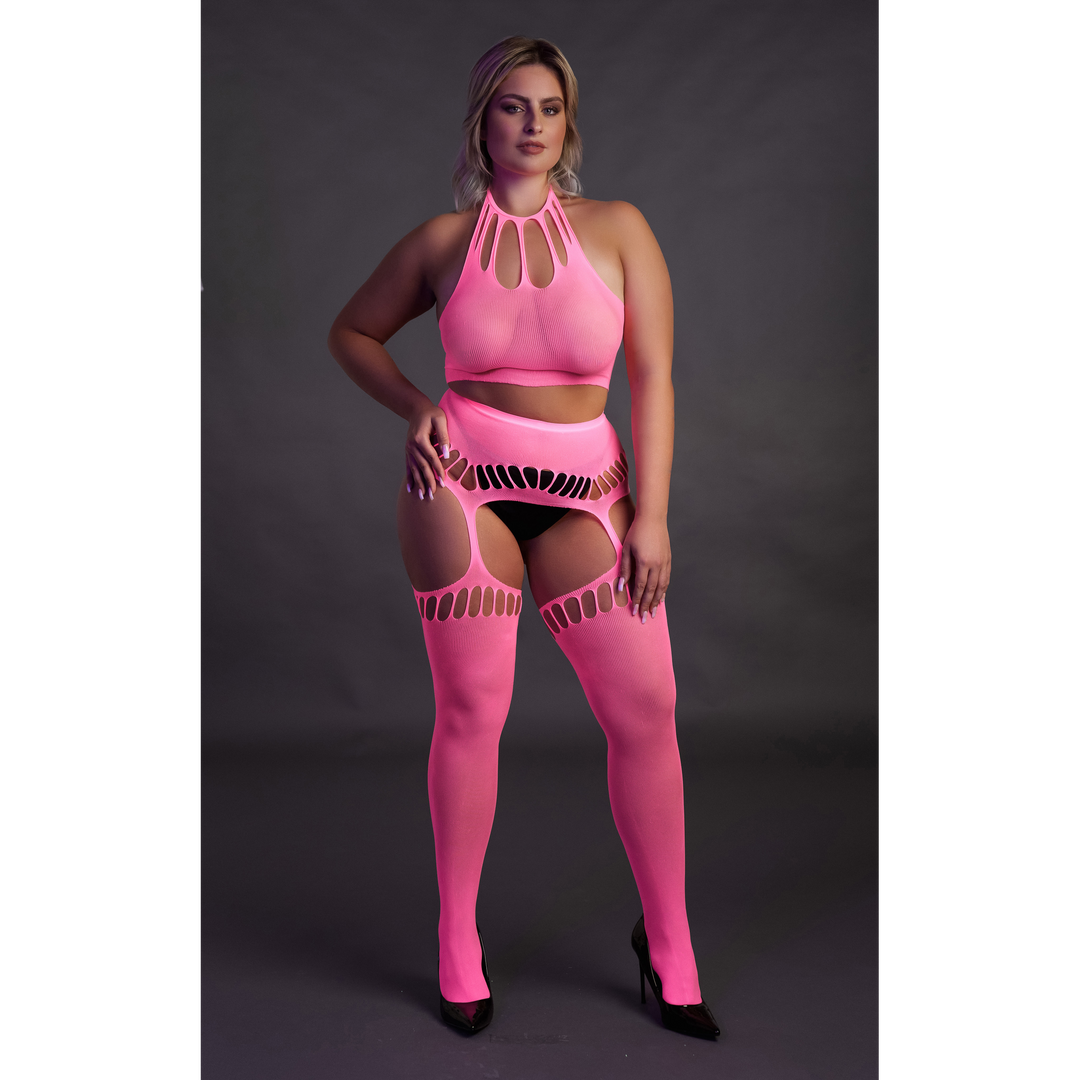 Twee-delige set met crop top en kousen – Plus Size – Neon Roze