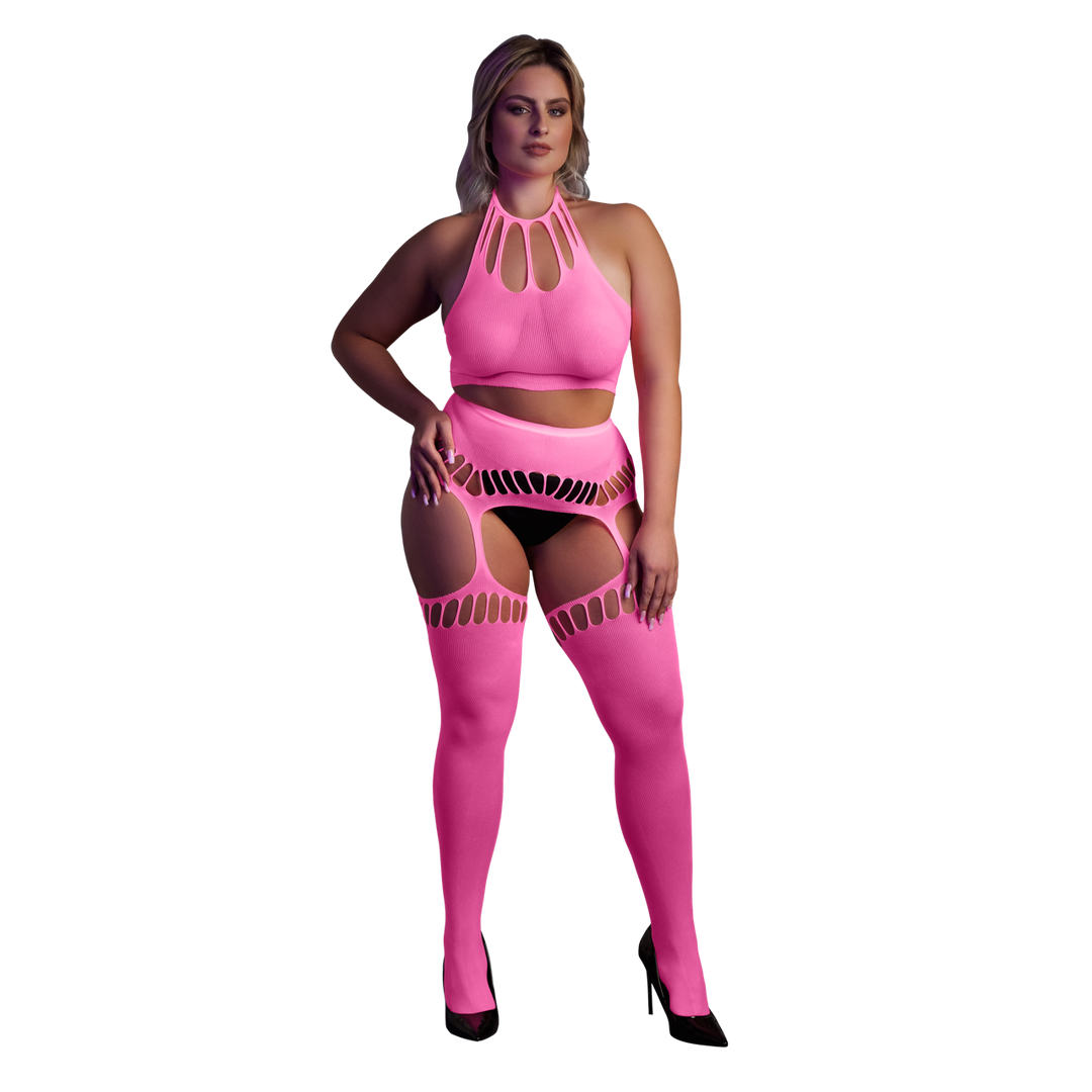 Twee-delige set met crop top en kousen – Plus Size – Neon Roze